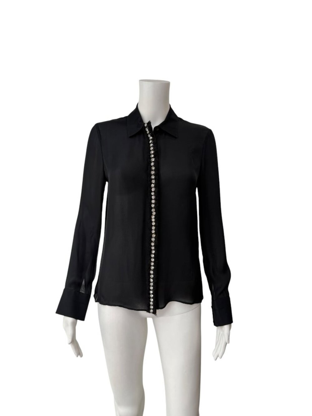 $280 Alice + Olivia Black Crystal Willa Button Blouse Polo Silk Shirt sz Small